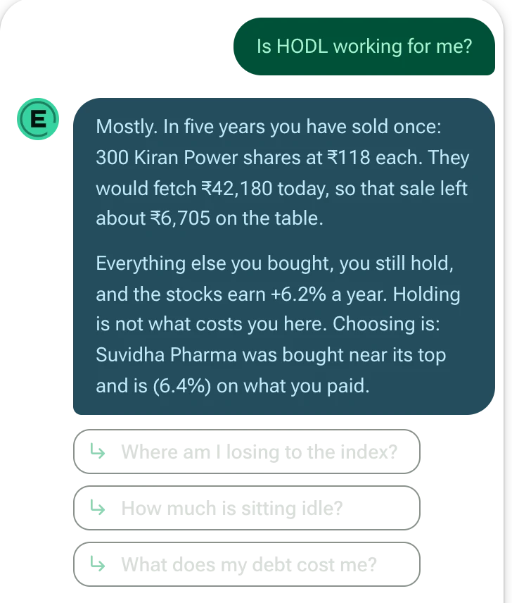 A question answered from your own ledger, with questions to ask next.