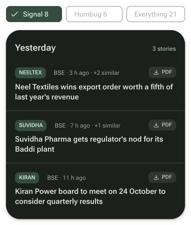News about your holdings, each marked signal or humbug with a reason.