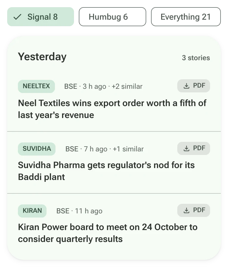 News about your holdings, each marked signal or humbug with a reason.