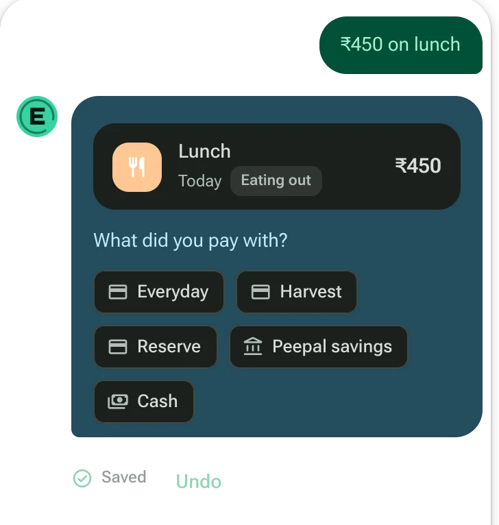 Telling the chat about ₹450 on lunch, and picking how it was paid.