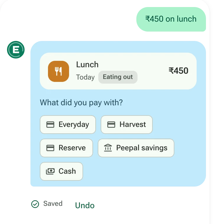 Telling the chat about ₹450 on lunch, and picking how it was paid.